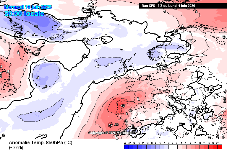 O forno irá ligar a sério, e o tempo em Junho trará calor acima do normal a Portugal, mas também variabilidade - saiba a previsão completa! Temperaturas 10ºC ou mais acima da média por volta de dia 10 de junho (previsão NOAA GFS)