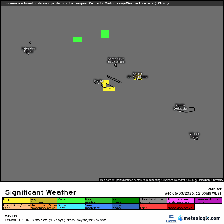 Evolução da precipitação (verde) e nevoeiro (amarelo)