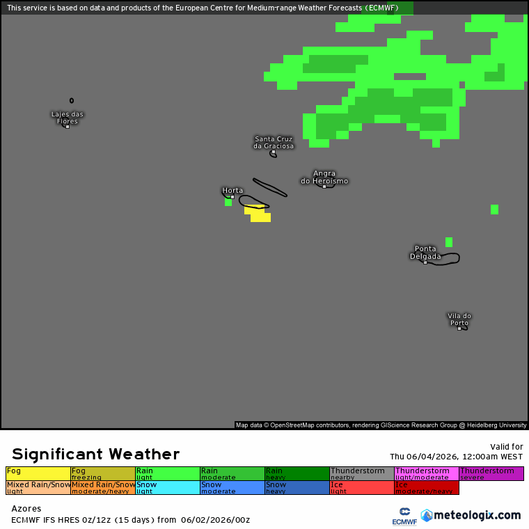 Regressa... a chuva e bem mais frio! Saiba a previsão do tempo na quinta, 4 de junho de 2026 Evolução da chuva (a verde) e do nevoeiro (a amarelo) nas cartas de previsão do IFS para esta quinta-feira