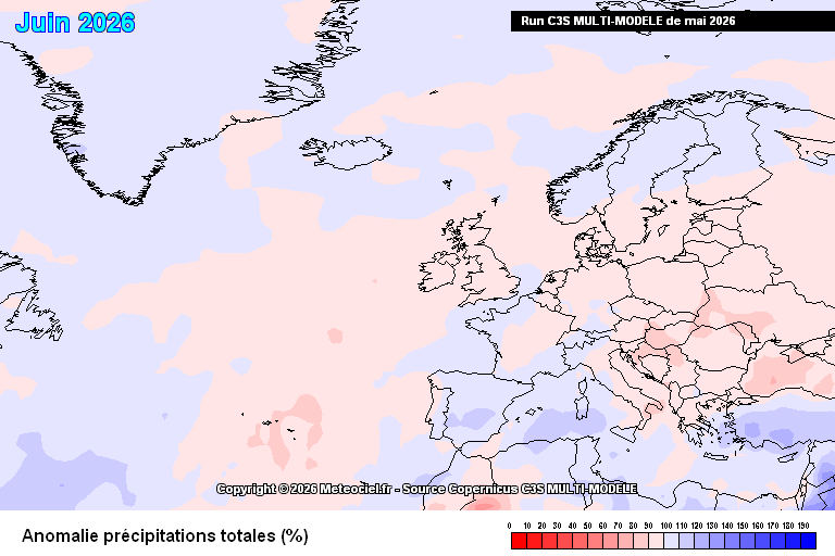 O forno irá ligar a sério, e o tempo em Junho trará calor acima do normal a Portugal, mas também variabilidade - saiba a previsão completa! Precipitação abaixo da média nas Ilhas na média da previsão dos modelos do Copernicus (C3S)