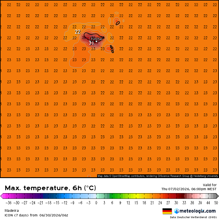 Máximas bem acima da média na Madeira, com valores até 30ºC na Costa Sul, conforme previsões ICON-DWD