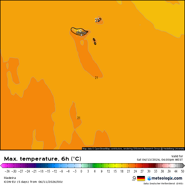 Mudança de tempo, com descida de temperaturas e trovoadas intensas com a passagem de uma perturbação (DINA) - previsão do tempo no fim-de-semana, 13 e 14 de junho Temperaturas máximas previstas na Madeira no sábado