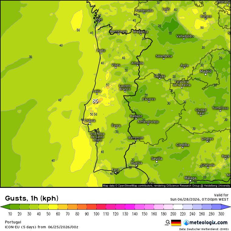 Nortada - rajadas 40\50km/h, com picos ocasionais superiores nas zonas expostas (previsão ICON-DWD)