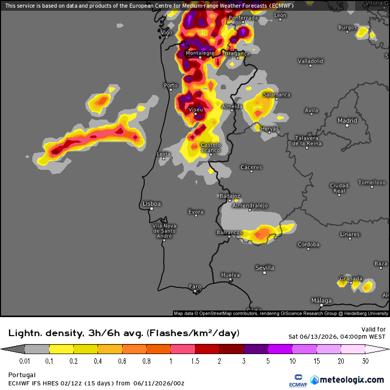 Mudança de tempo, com descida de temperaturas e trovoadas intensas com a passagem de uma perturbação (DINA) - previsão do tempo no fim-de-semana, 13 e 14 de junho Muita trovoada prevista pelo modelo ECMWF para este sábado no Norte e Centro! (seca?)