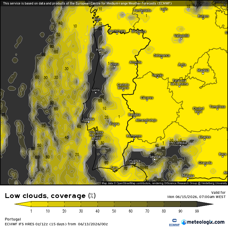 Previsão de nevoeiros no litoral, segundo o ECMWF ao início da manhã. Podem ser persistentes
