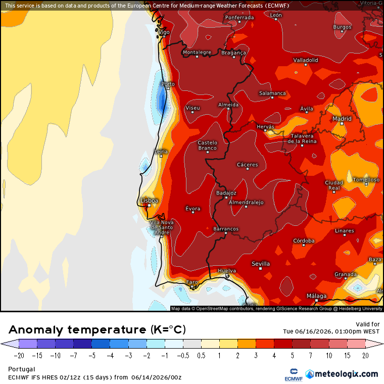 Reforço do anticiclone em direção à Europa, mas será que persistem as trovoadas? Frente fria nos Açores! Confira a previsão do tempo na terça, 16 de junho de 2026 Apesar de terem descido, as temperaturas continuam acima da média