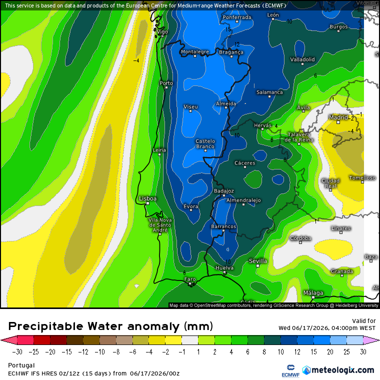Uma tempestade com chuva excessiva e muita trovoada pode desenvolver-se na tarde desta quarta-feira no Norte - saiba a previsão completa! Impressionante a anomalia prevista de água precipitável - facilmente pode levar a uma situação de tempestade, com chuva excessiva!