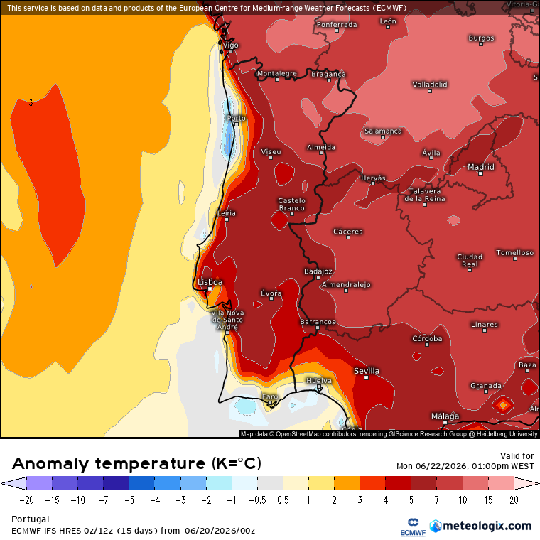 Mudança nas previsões - as temperaturas vão descer, pode até chover - saiba a previsão do tempo na segunda, 22 de junho de 2026 Apesar da descida das temperaturas, o calor continua intenso no interior. Na faixa costeira nota-se a frescura marítima, assim como no Algarve