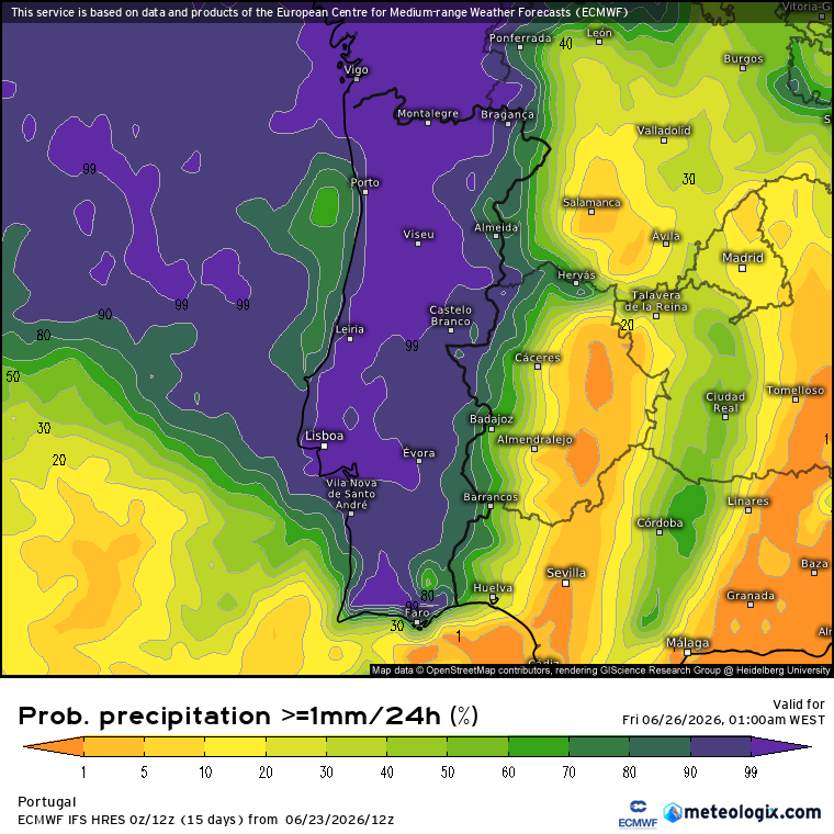 Probabilidade de chuva quase nos 100% nesta quinta-feira - previsão ECMWF