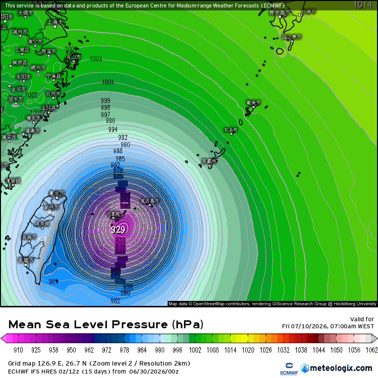Previsão ECMWF, com a aproximação a Taiwan como super tufão Bavi por volta de 10 de julho (ECMWF)