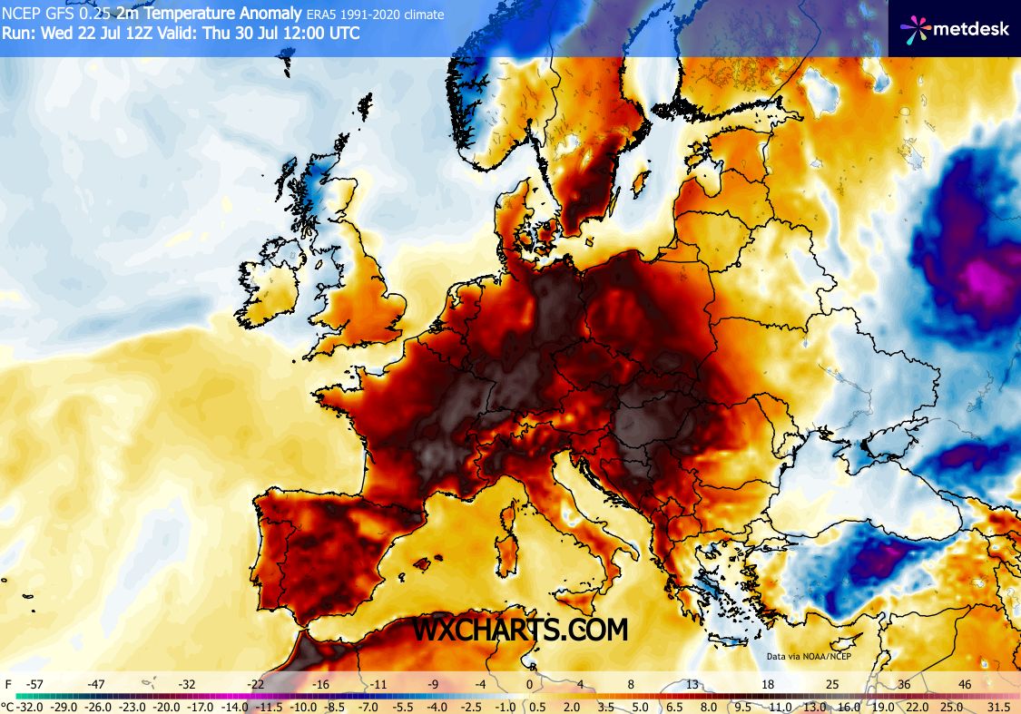 Brutal a anomalia de temperatura prevista para o final de julho e início de agosto na Europa...