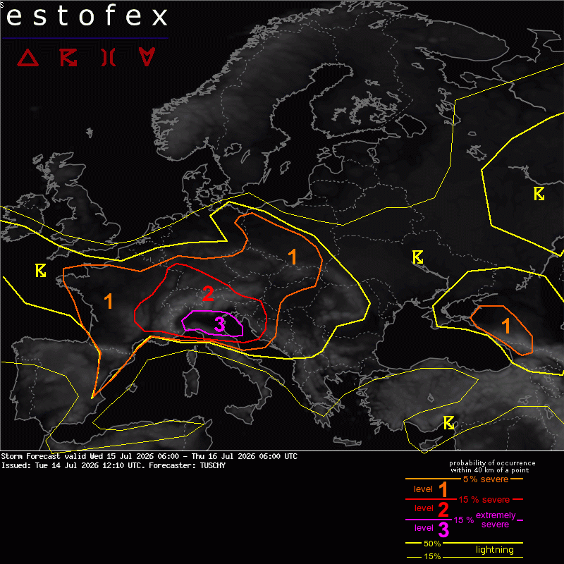 Previsão de tempestades por parte do ESTOFEX para esta quarta-feira