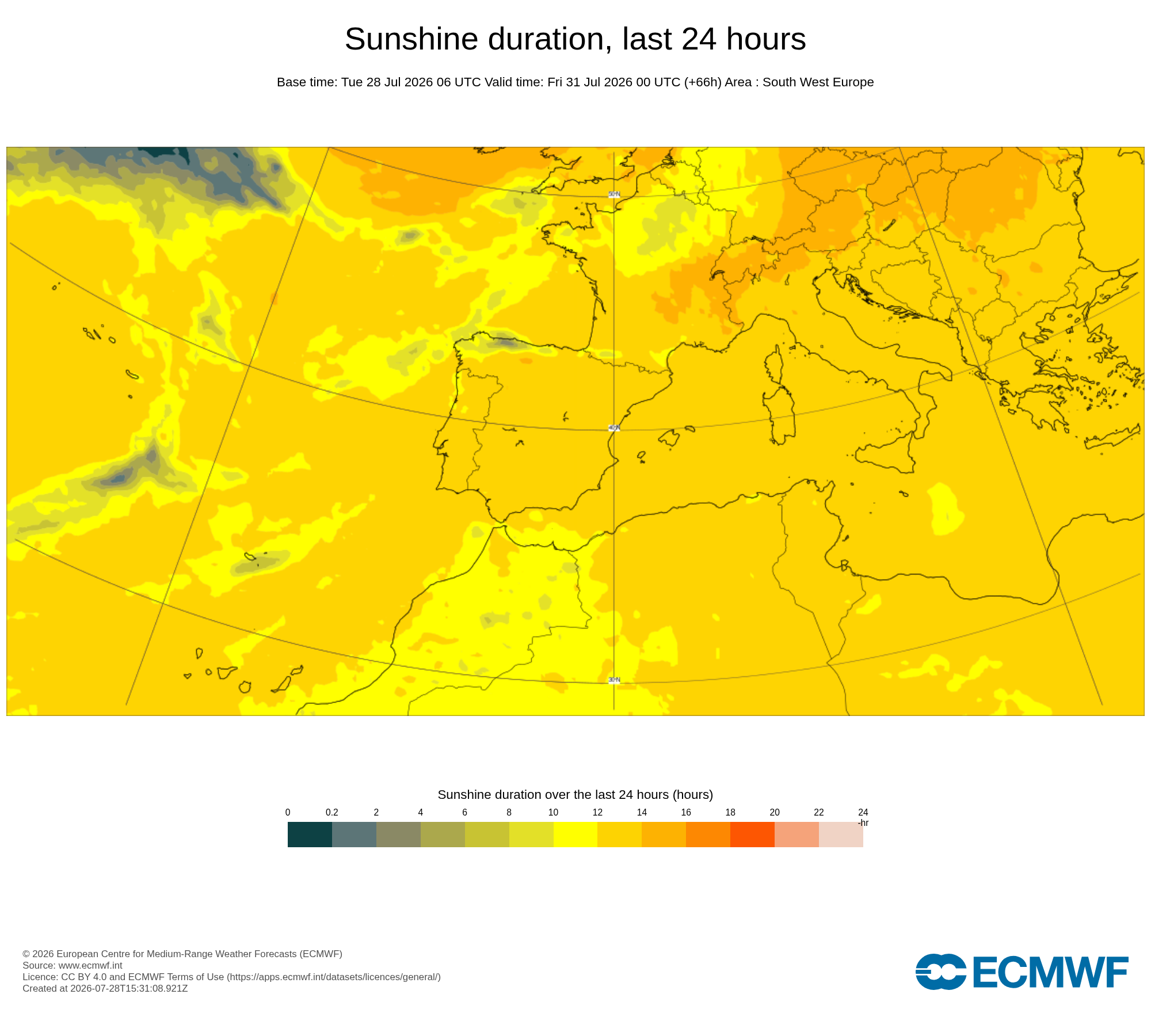 Horas de sol previstas pelo ECMWF para esta quinta-feira...
