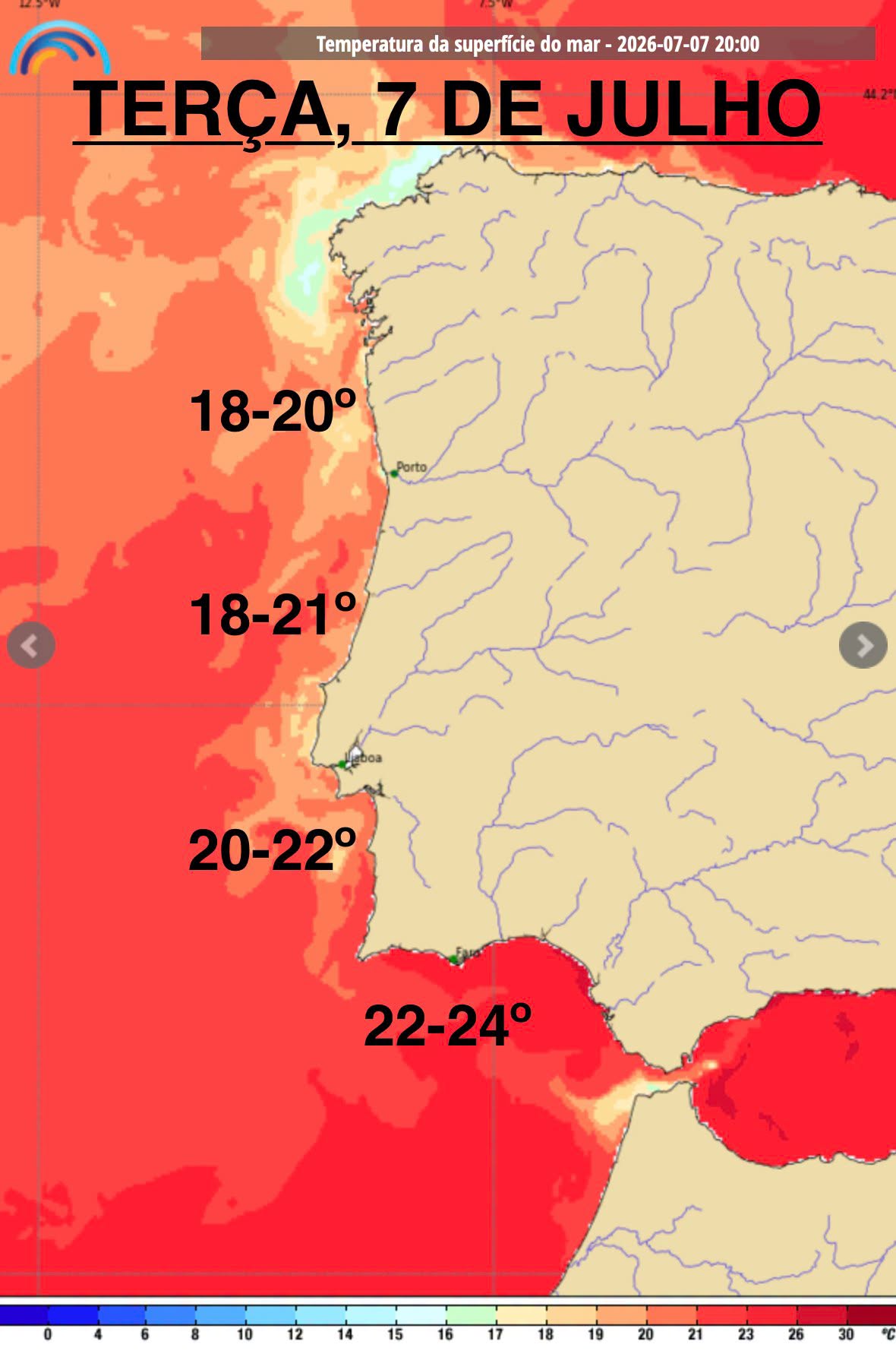 Nevoeiros persistentes e frescura - em 48H alguns locais registam menos 20ºC - saiba a previsão do tempo na terça, 7 de julho Temperaturas da água do mar bastante mais elevadas na Costa Portuguesa (previsão IPMA)