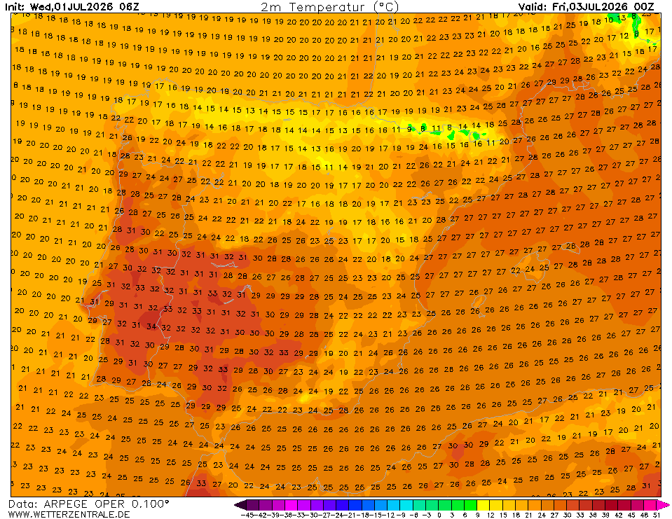 Onda de calor a intensificar-se - o mapa de temperaturas (ARPEGE) impressiona para as 00H de sexta!