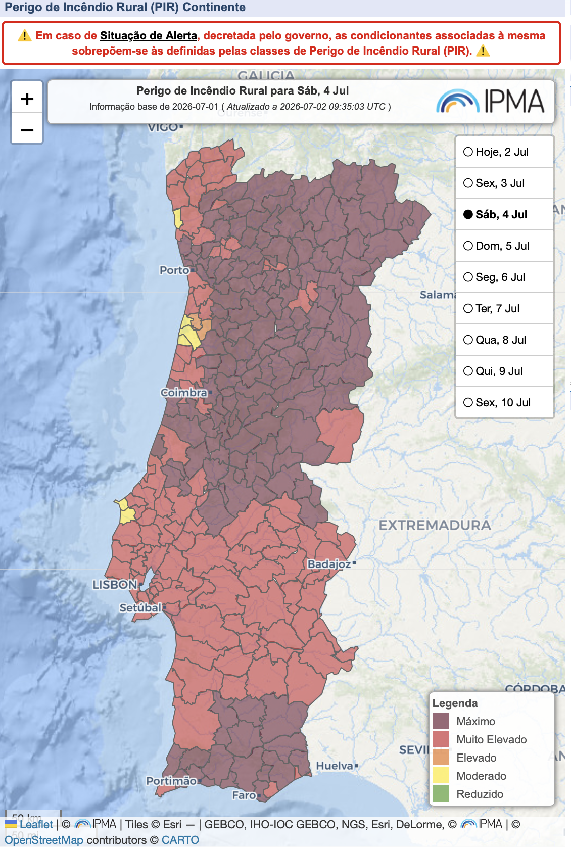 Pico da onda de calor, com temperaturas extremas de Norte a Sul - saiba a previsão do tempo este fim-de-semana, 4 e 5 de julho Perigo de incêndio para este sábado, calculado pelo IPMA