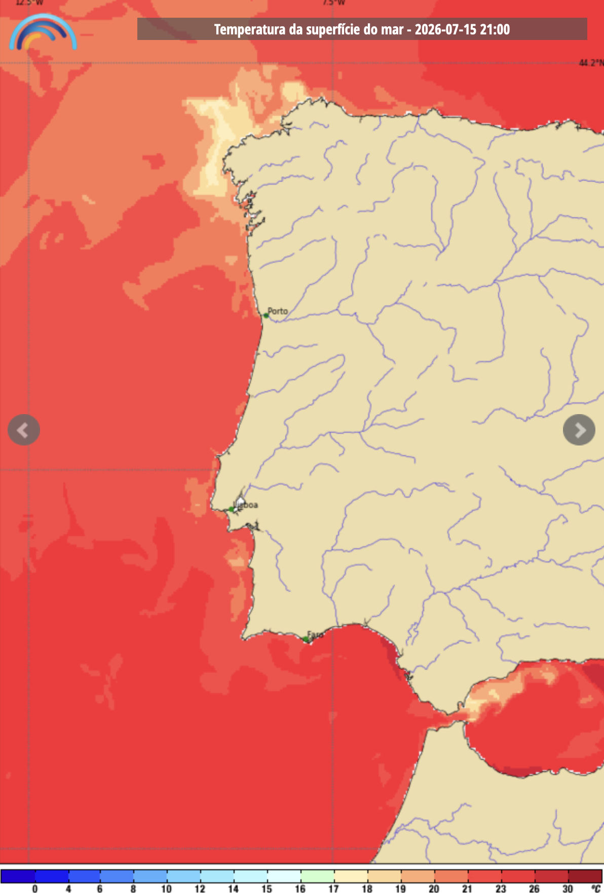 Depressões nas proximidades continuam a empurrar o ar quente para leste - mudança repentina para dia 18? Saiba a previsão do tempo esta semana, 13 a 19 de julho A temperatura do mar entre 22 a 24ºC na costa Ocidental é o destaque semanal (previsão IPMA)