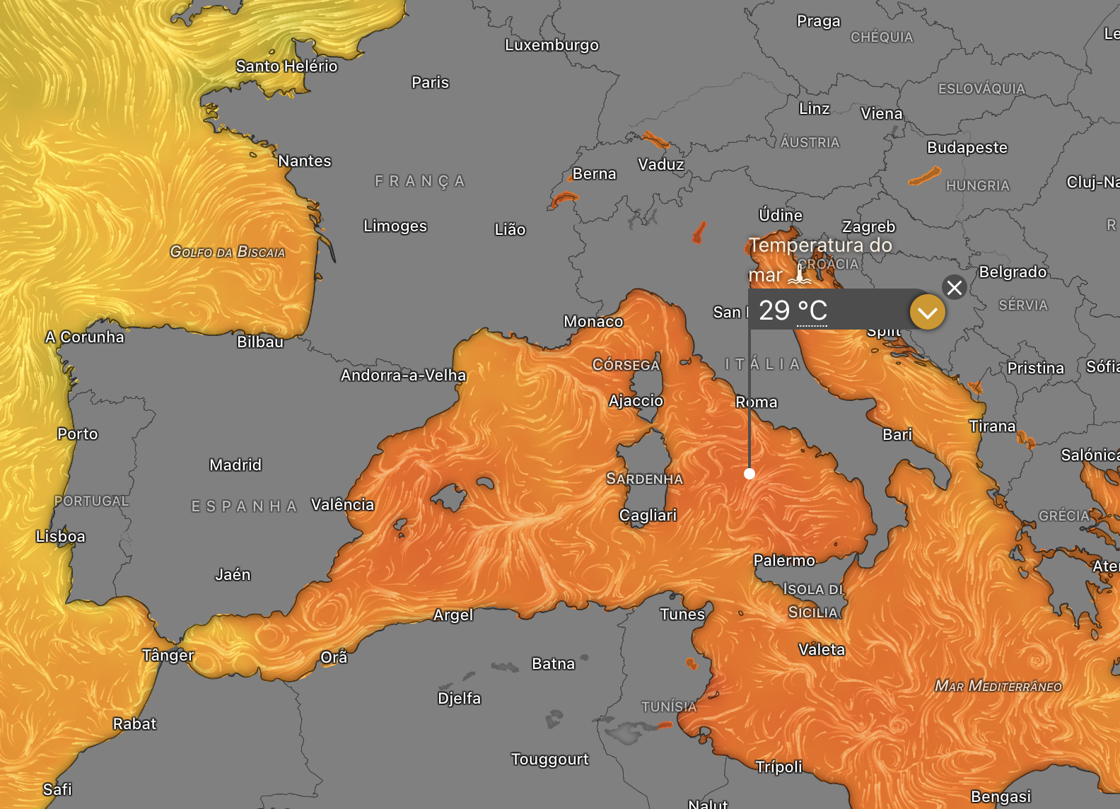 O mediterrâneo a 30ºC em julho... e vai aquecer mais (fonte: Windy)