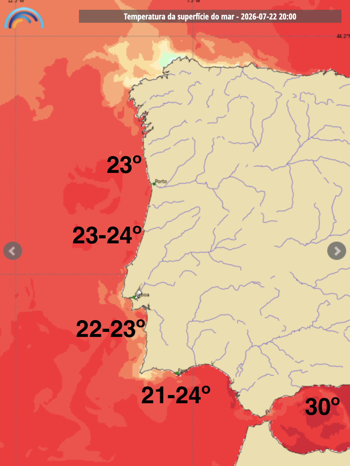 Tempo na quarta, 22 de julho, marcado por calor no interior e no mar - se vai à praia conte com água excecionalmente quente - saiba as previsões! Temperatura da superfície do mar nesta quarta, 22 de julho