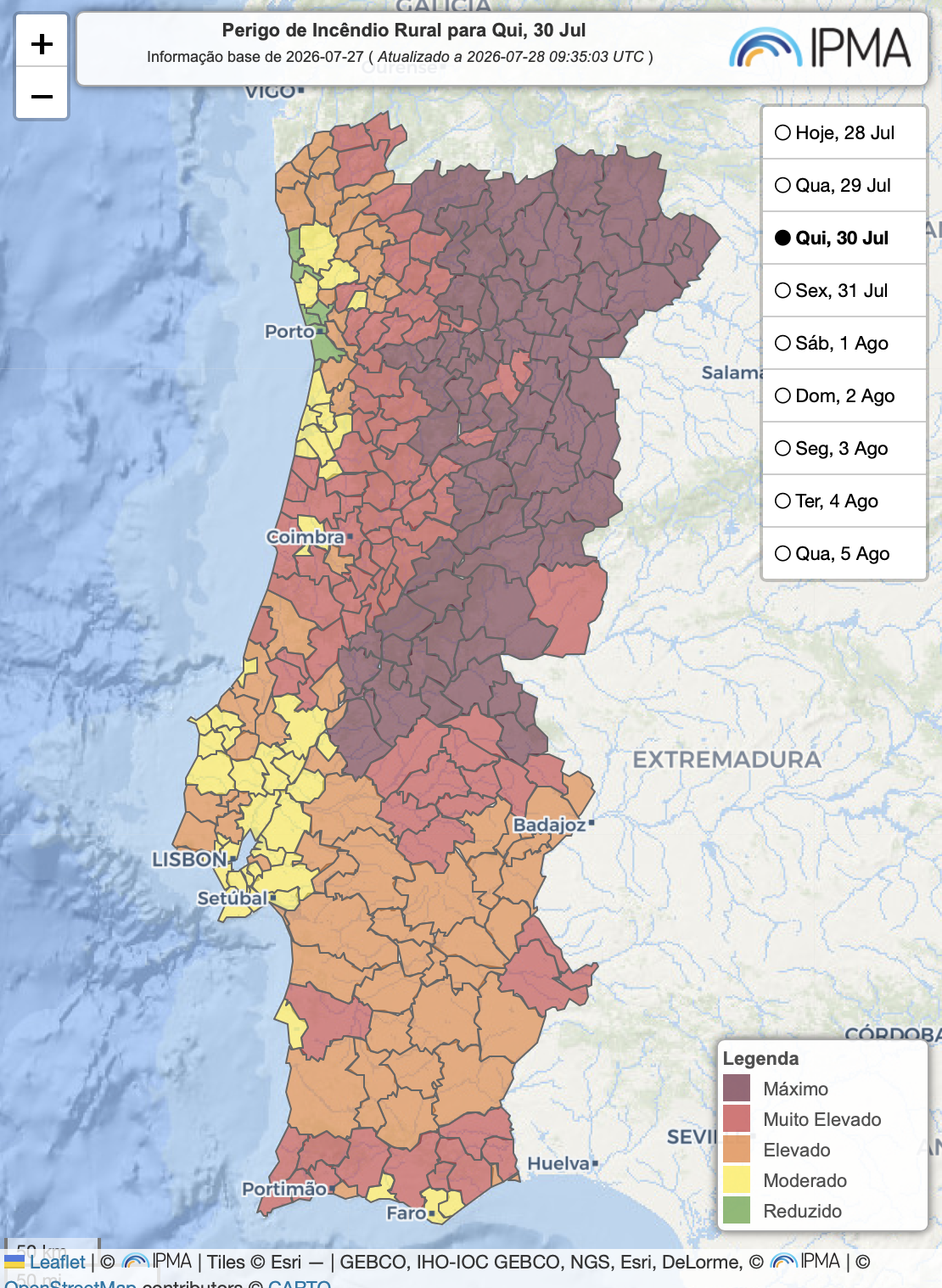 Risco de incêndio muito elevado a máximo em boa parte do Interior Norte e Centro