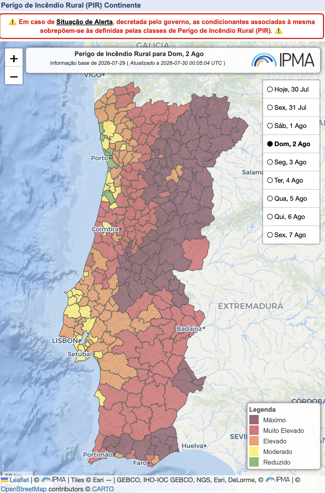 Perigo de incêndio rural (PIR) para domingo - previsão IPMA