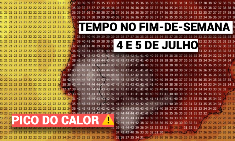 Pico da onda de calor, com temperaturas extremas de Norte a Sul – saiba a previsão do tempo este fim-de-semana, 4 e 5 de julho Pico da onda de calor, com temperaturas extremas de Norte a Sul - saiba a previsão do tempo este fim-de-semana, 4 e 5 de julho