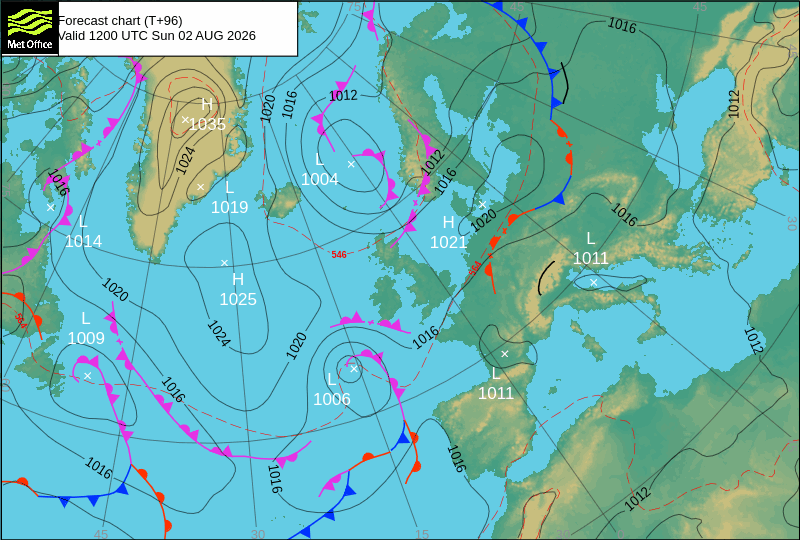 Depressão em aproximação no domingo, anticiclone afasta-se para leste (MetOffice)