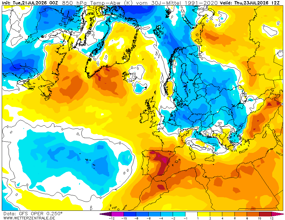 Onda de calor histórica na Europa - Espanha pode atingir 48ºC - e em Portugal? Tempo na quinta, 23 de julho Anomalia das temperaturas no Atlantico Norte e Europa nesta quinta-feira