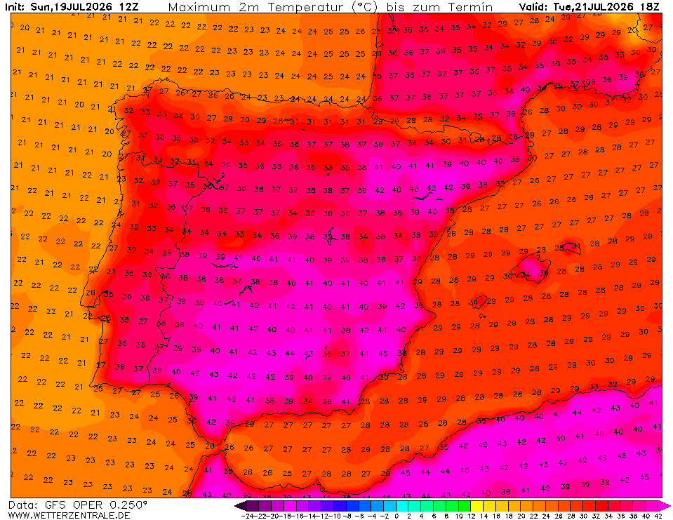 Subida das temperaturas - saiba o que esperar na sua região - tempo na terça-feira, 21 de julho de 2026 Não é calor excessivo, mas é bem notória a subida das temperaturas! (GFS, wetterzentrale)