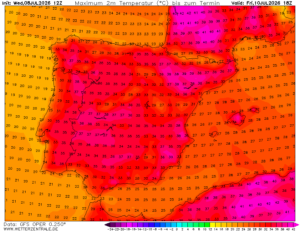 Grande contraste entre o litoral e o Interior em termos de temperatura (previsão GFS, Wetterzentrale)