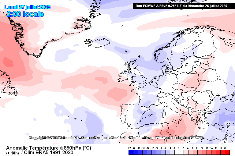 Depressão nos Açores, calor no Continente - quanto tempo vai durar? - saiba como será o tempo esta semana, 27 de julho a 2 de agosto Tempo esta semana - Evolução da anomalia de temperatura 850hPa segundo as previsões AIFS