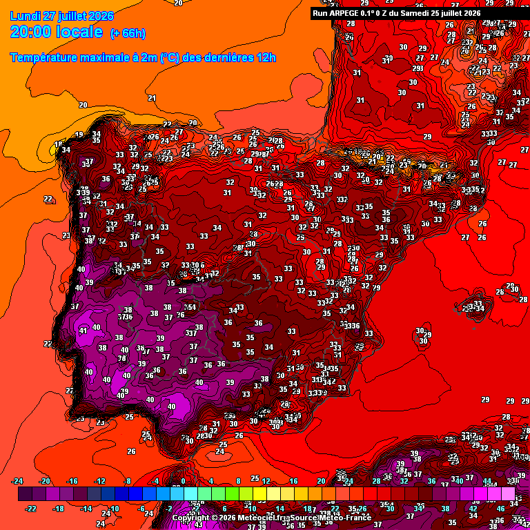 Dorsal africana instala-se, e boa parte do país sobe para os 40 graus - saiba a previsão do tempo na segunda, 27 de julho 2026 Calor generalizado - máximas na previsão ARPEGE para esta segunda-feira
