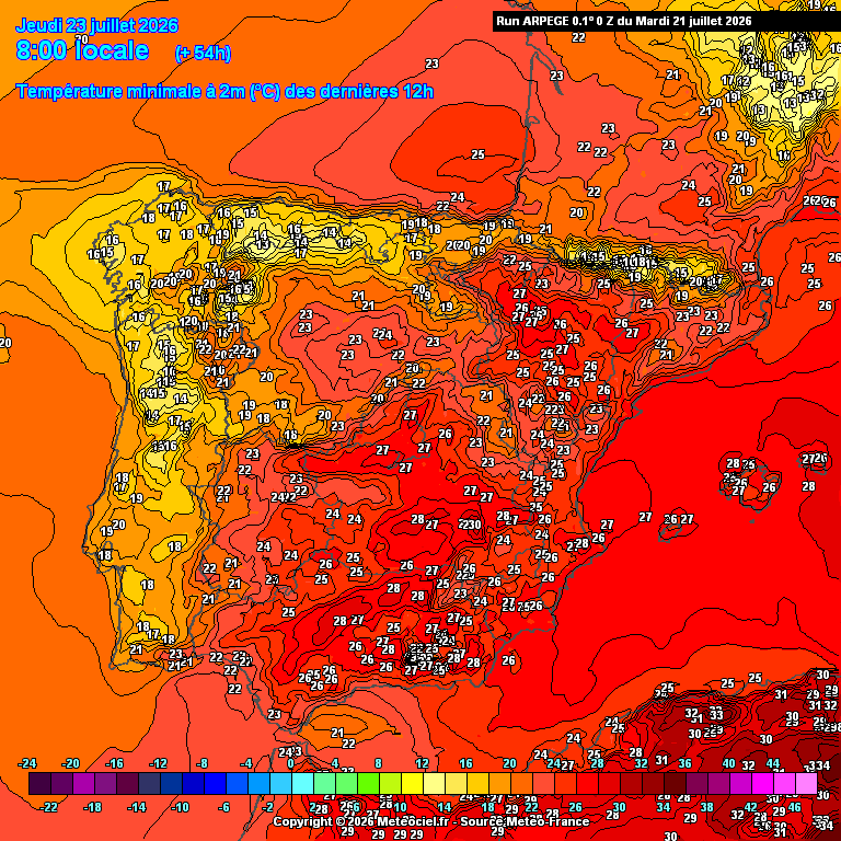 Onda de calor histórica na Europa - Espanha pode atingir 48ºC - e em Portugal? Tempo na quinta, 23 de julho Noite tropical, sim, mas apenas no Interior e no Algarve (21-23ºC). Em Espanha pode não baixar de 30! (ARPEGE)