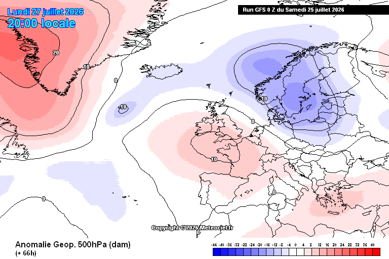 Dorsal africana instala-se, e boa parte do país sobe para os 40 graus - saiba a previsão do tempo na segunda, 27 de julho 2026 Uma crista anticiclónica sobre a Europa Ocidental traz o calor, novamente (GFS, via meteociel)