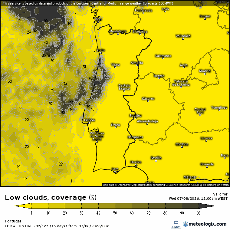 Nebulosidade baixa no litoral Ocidental durante a manhã, com tendência a dissipar durante a tarde