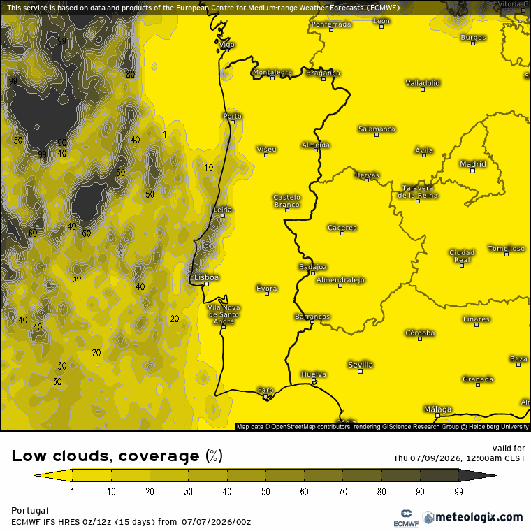 Quebra do anticiclone, com consolidação da descida de temperatura - saiba como estará o tempo na quinta, 9 de julho de 2026 Neblinas e nevoeiros previstos pelo modelo ECMWF
