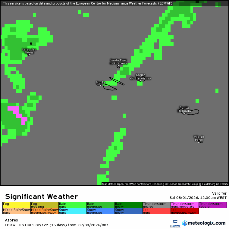 Previsão da evolução da precipitação (verde) e trovoadas (roxo) no sábado nos Açores