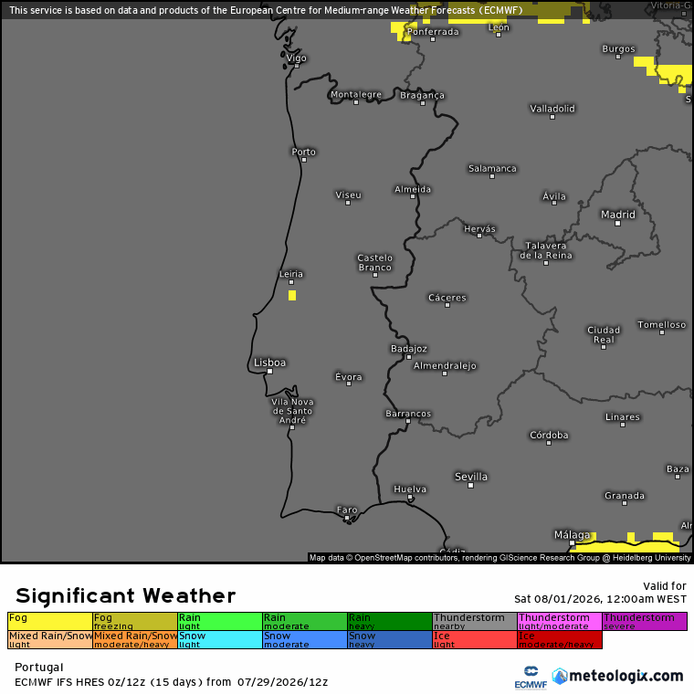 Neblina ou nevoeiro (a amarelo) na previsão ECMWF para este sábado