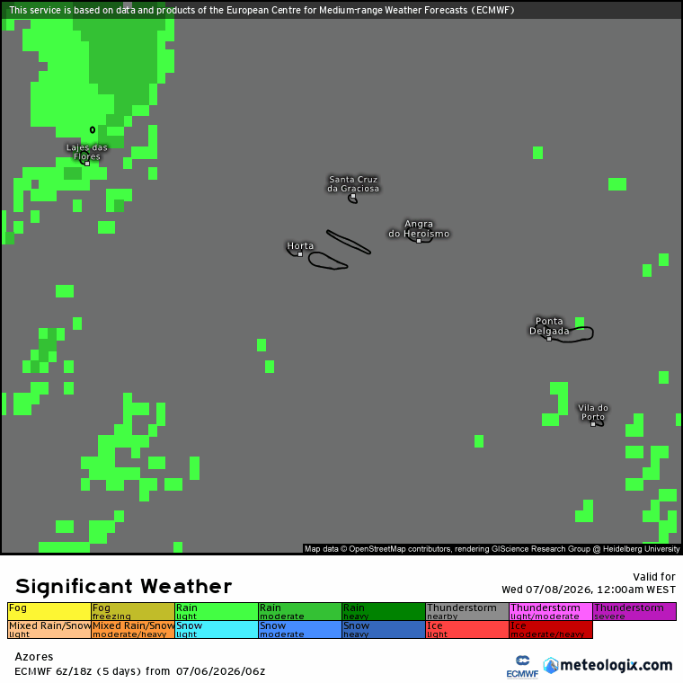 Evolução da frente fria nos Açores nesta quarta-feira - chuva (Verde) e trovoada (Roxo)