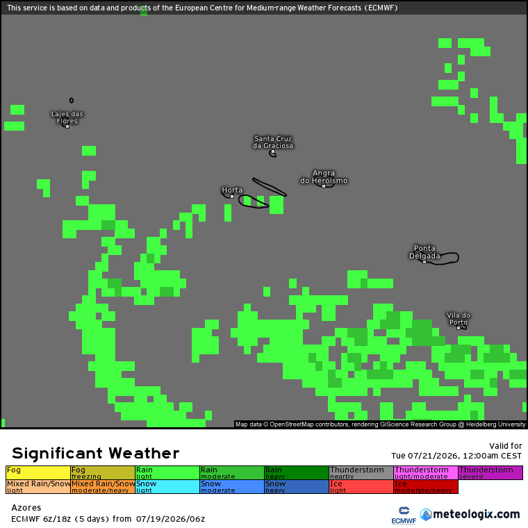 Subida das temperaturas - saiba o que esperar na sua região - tempo na terça-feira, 21 de julho de 2026 Evolução da precipitação nesta terça-feira nos Açores (ECMWF)