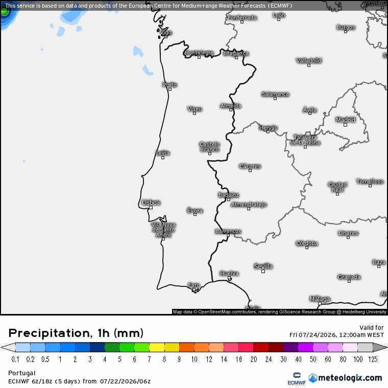 Chuva e mais vento devido a uma depressão em aproximação - previsão do tempo na sexta, 24 de julho de 2026 Evolução da precipitação nesta sexta-feira, previsão ECMWF