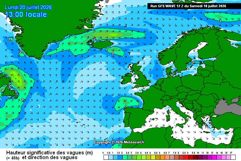 Depressão "teimosa" continua a influenciar Portugal, mas já aquece um pouco - previsão do tempo na segunda, 20 de julho de 2026 Praticamente sem ondas nas ilhas, um sinal da calma anticlónica (GFS Wave, Meteociel)