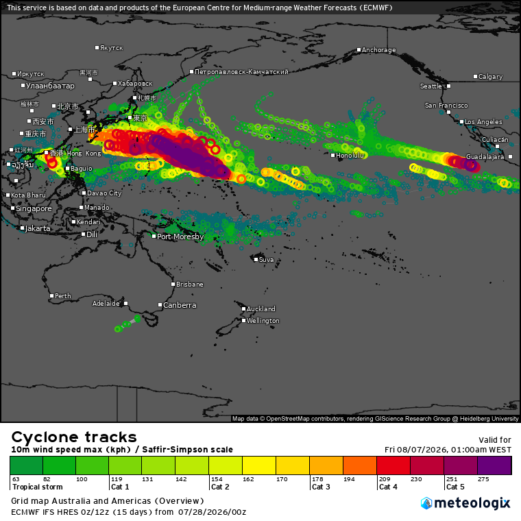 O oceano Pacífico continua muito ativo tropicalmente, com diversos tufões em formação...
