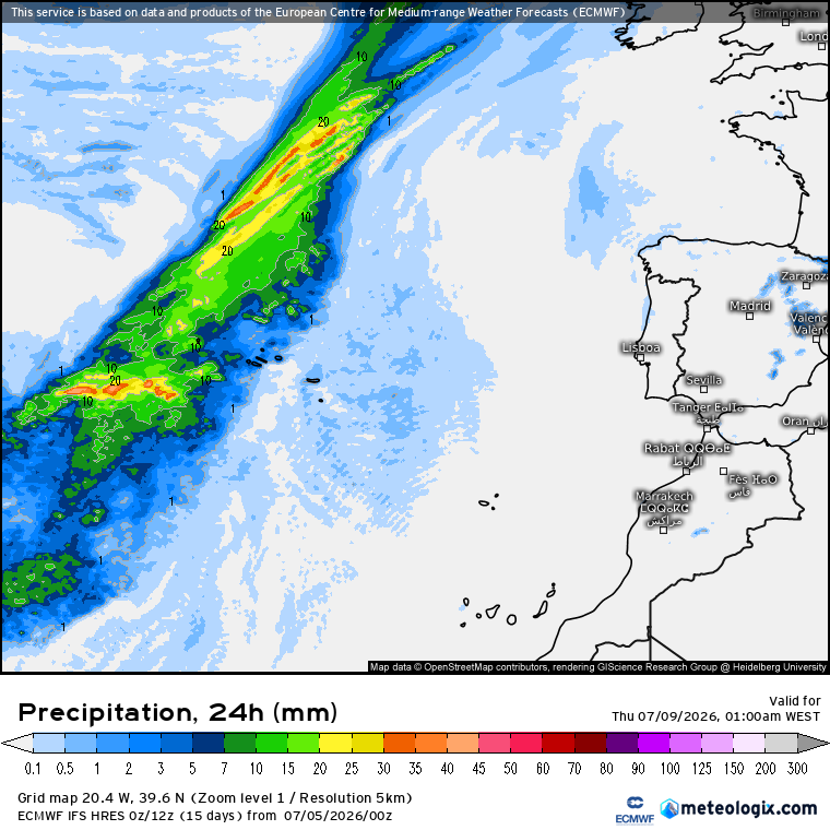 Chegada de chuva aos Açores, conforme previsão ECMWF, não se descartando chuvisco matinal no litoral Oeste