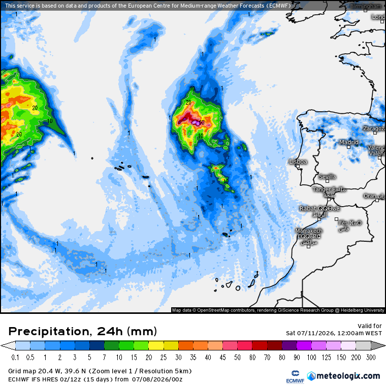 As cartas ECMWF não enganam - precipitação ocasional nos Açores e Madeira, chuvisco no litoral Continental