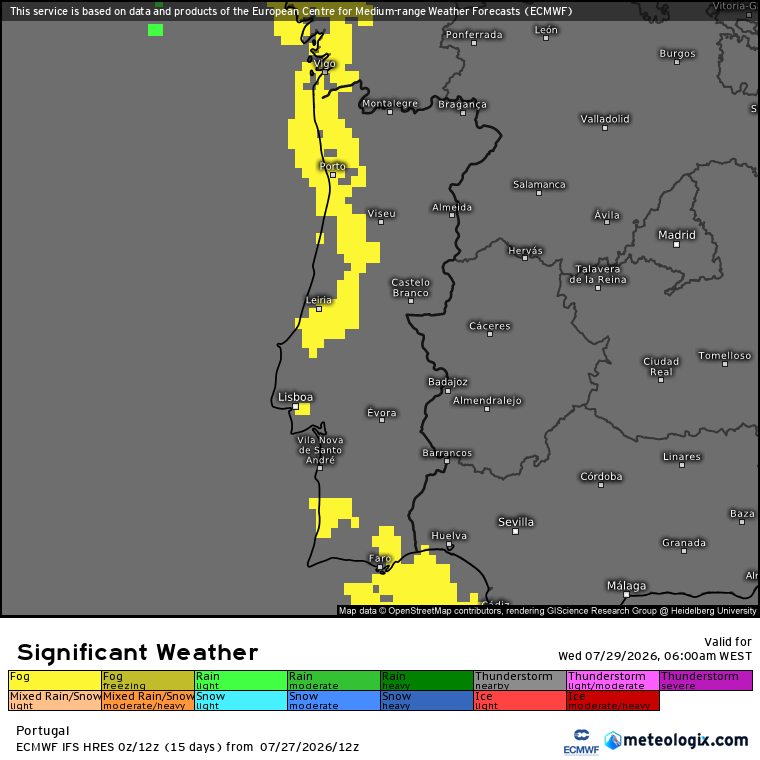Nebulosidade matinal (nuvens baixas e nevoeiros), dissipando ao longo do dia (previsão ECMWF)