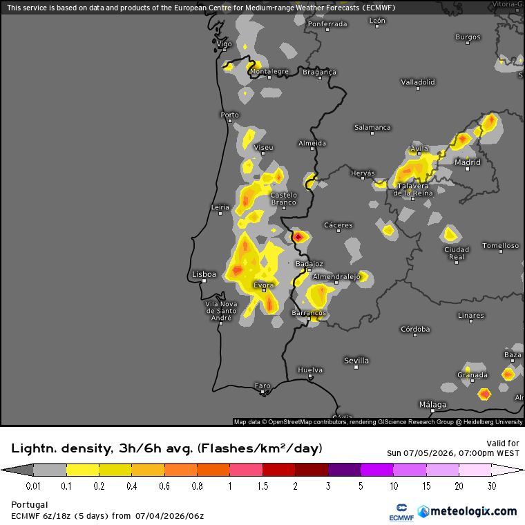 Trovoadas simuladas pelo modelo ECMWF para a tarde deste domingo - grande parte secas (?)