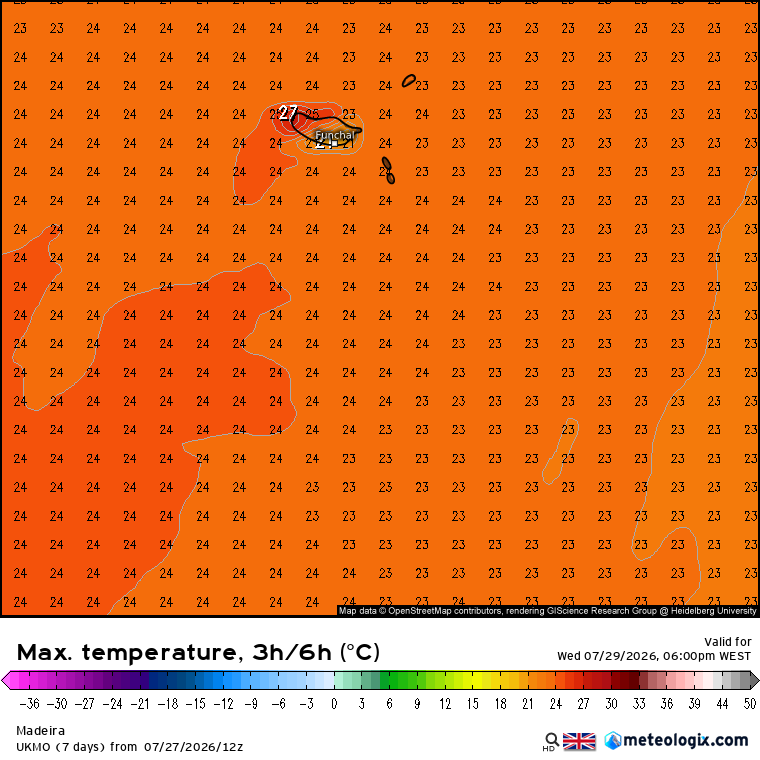 Máximas até 27ºC na Madeira (previsão UK MetOffice)