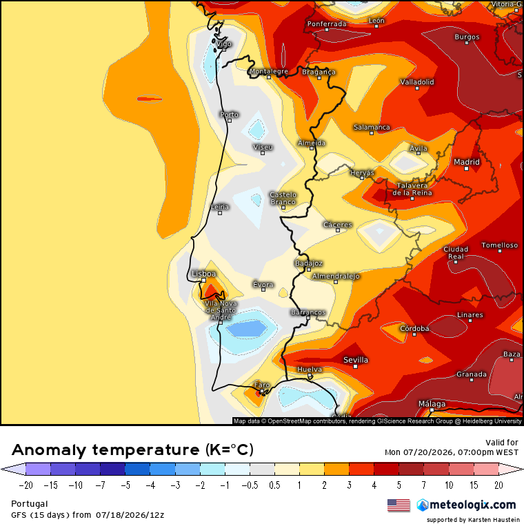 Depressão "teimosa" continua a influenciar Portugal, mas já aquece um pouco - previsão do tempo na segunda, 20 de julho de 2026 Aquecimento, sim, mas ainda continuamos com temperaturas perfeitamente normais (em Espanha a situação é complicada...!)
