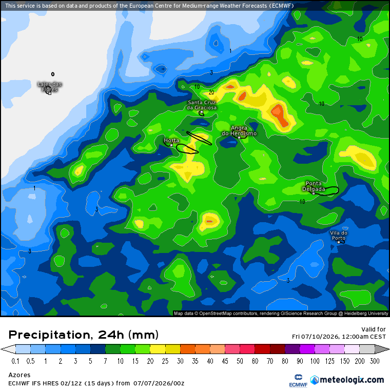 Quebra do anticiclone, com consolidação da descida de temperatura - saiba como estará o tempo na quinta, 9 de julho de 2026 Chuva nos Açores - acumulação total segundo a previsão ECMWF